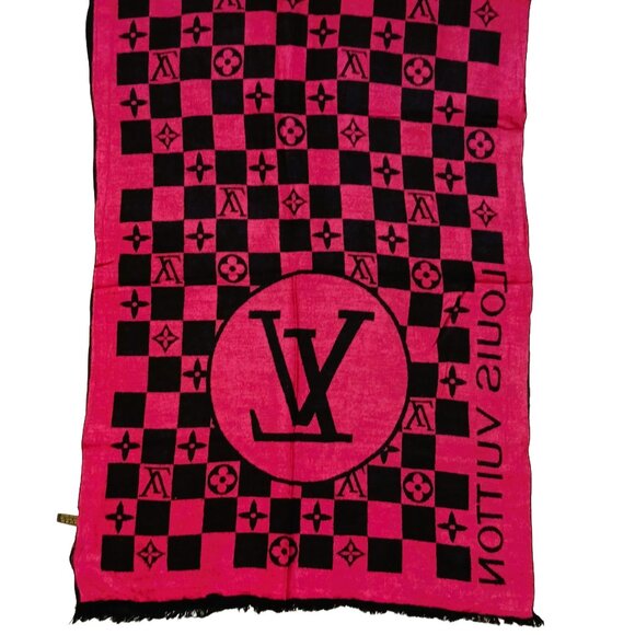 LOUIS VUITTON LV Vintage Pink Black Monogram Check Silk & Wool Scarf - Picture 6 of 12